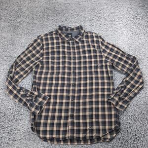 VANS Shirt Men Medium Black Brown Plaid Check Button Long Sleeve Skater Casual